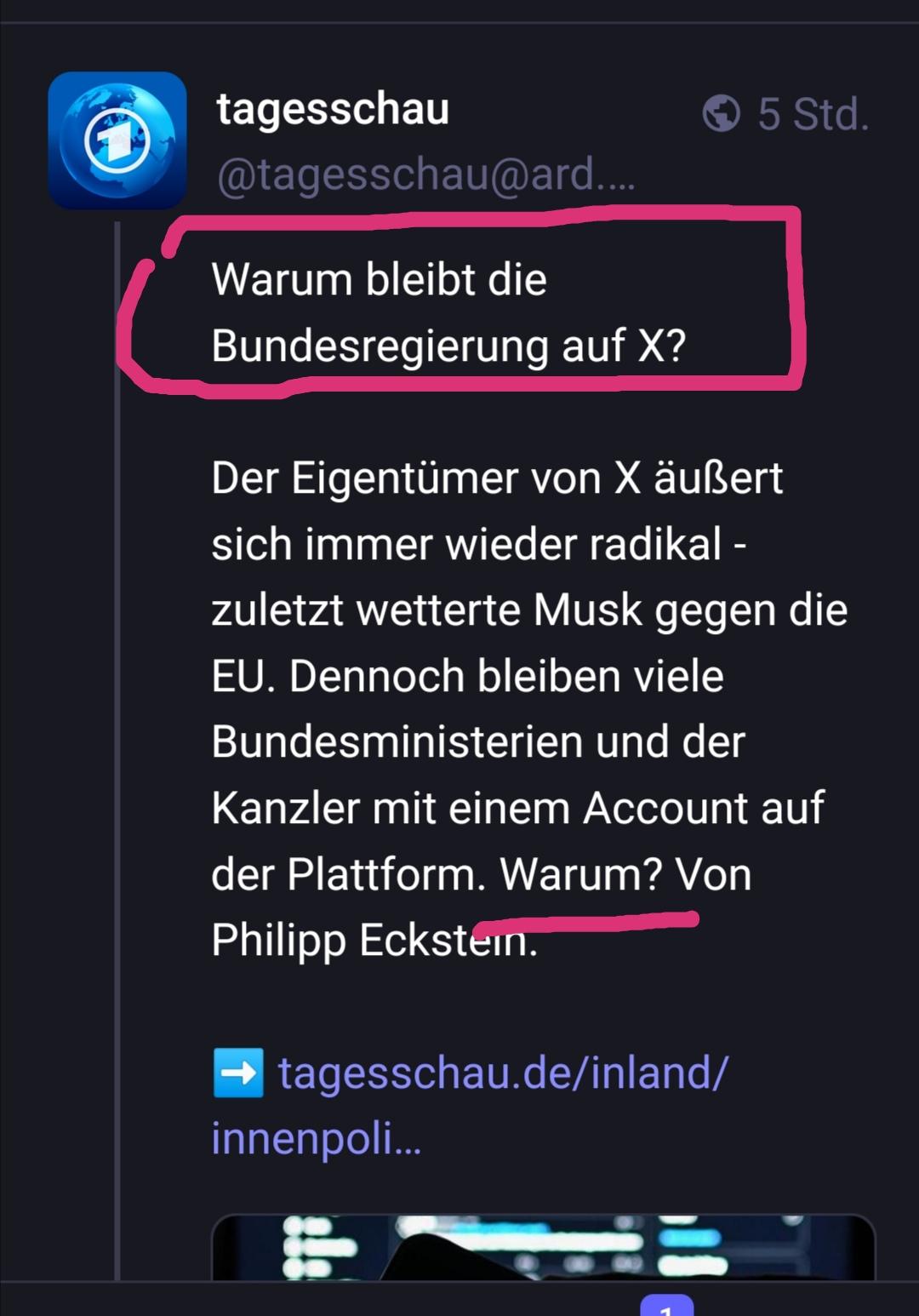 Aktueller tagesschau-Artikel "Warum bleibt die Bundesregierung auf X?" 