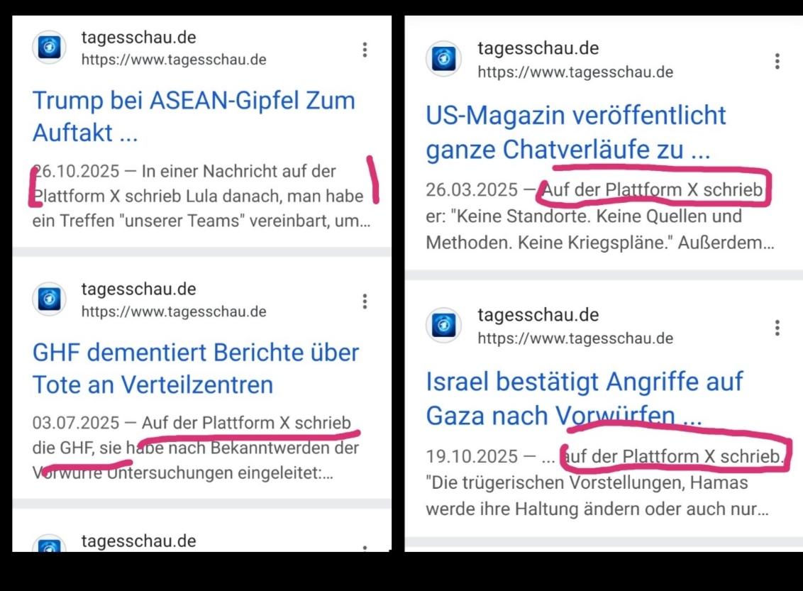 Sammlung von Screenshots, in denen die Tagesschau zitiert und berichtet, was diverse Politiker & Institutionen auf X schrieben. 