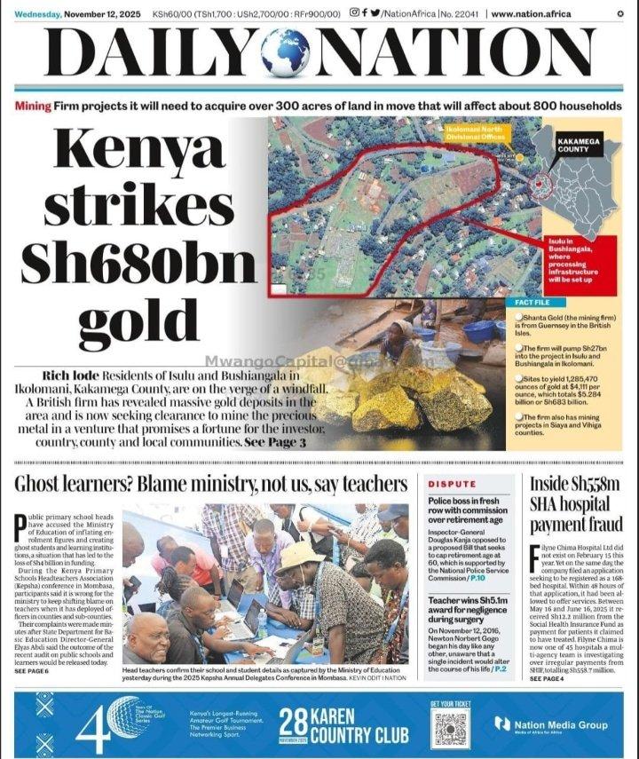 Daily nation newspaper headline with how Kenya struck sh 680bn gold.