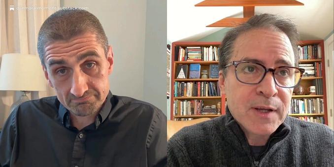 Split screen of two men in a remote meeting.