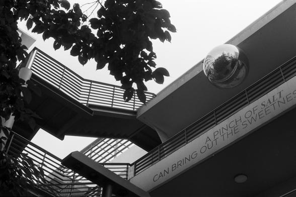 Ilford Pan 100 (FF)

English Alt Text:
A black-and-white photo captures a modern building with multiple staircases and metal railings viewed from below. Tree branches with leaves frame the top of the image. A reflective sphere is mounted on the building, distorting the surroundings in its mirrored surface. On the building’s wall, a phrase reads: “A PINCH OF SALT CAN BRING OUT THE SWEETNESS.” The composition blends architectural geometry with natural elements and a philosophical message.
中文替代文本：…