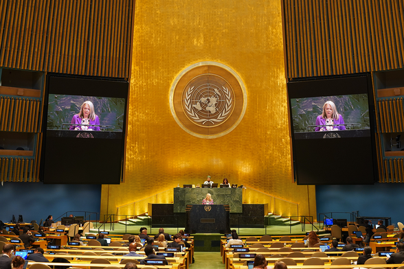 Lise Fuhr, GÉANT CEO, addressing the UN General Assembly