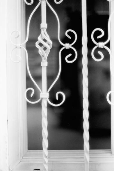 Ilford Pan 100 (FF)

English Alt Text: A close-up view of a decorative white-painted wrought iron window grille. The design features symmetrical scrollwork and twisted vertical bars, with a central motif resembling a spiral. The grille is mounted in front of a glass window, which reflects faint shapes and shadows. The craftsmanship is intricate, combining aesthetics with security. The image emphasizes texture and symmetry, with the ironwork standing out crisply against the soft reflections in t…