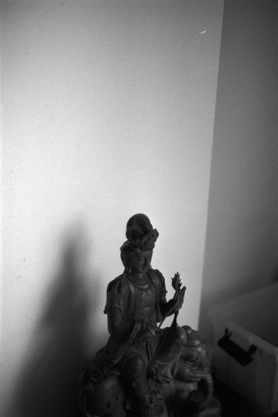 Ilford Pan 100 (FF)

English Alt Text:
A black-and-white photograph shows a statue placed indoors near the corner of two walls. The statue depicts a serene figure, possibly a deity, seated on an elephant. The figure wears detailed clothing and jewelry and holds an object in one hand. A strong shadow of the statue is cast on the wall behind it, adding depth to the image. A plastic container sits nearby. The composition emphasizes spiritual calm and artistic detail.

中文替代文字：
这是一张黑白照片，展示了一尊室内角落的雕像…