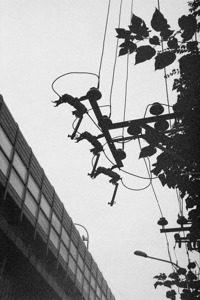 Ilford HP5 Plus 400 (FF)

English Alt Text:
A black-and-white photo showing a utility pole with multiple electrical insulators and power lines silhouetted against the sky. On the left, a large elevated structure—possibly a bridge or overpass—features a streetlight and small fixtures. On the right, leafy tree branches partially obscure the pole. The image captures the contrast between nature and urban infrastructure, emphasizing the complexity of electrical systems in city environments.
中文替代文字：
…