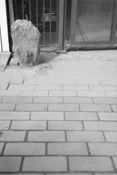 Ilford HP5 Plus 400 (FF)

English Alt Text:
A large, irregularly shaped stone rests on a small platform near a metal gate or railing. The ground is paved with rectangular tiles arranged in a staggered pattern. Behind the gate is a glass door or window reflecting light and showing indistinct objects inside. The stone’s rough texture contrasts with the smooth tiles and metal bars. The image is in black and white, emphasizing surface details and the juxtaposition of natural and man-made elements. …