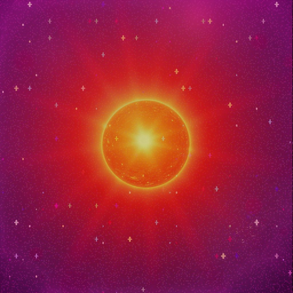 Orange star in space, giving off a lot of radiation against a purple background with ASCII and ANSI stars (plusses and dots), with a microtexture of dots of different intensity that create a computerized vibe