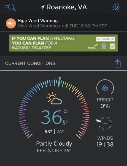 A weather app display for Roanoke, VA, showing a high wind warning until Tuesday at 12 PM EST. Current temperature is 36°F, feels like 26°F, with partly cloudy conditions, 0% precipitation, and wind speeds of 19 mph, gusting to 38 mph. 