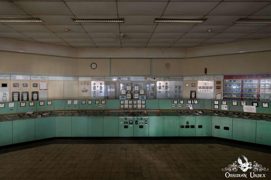 control room with turquoise panels