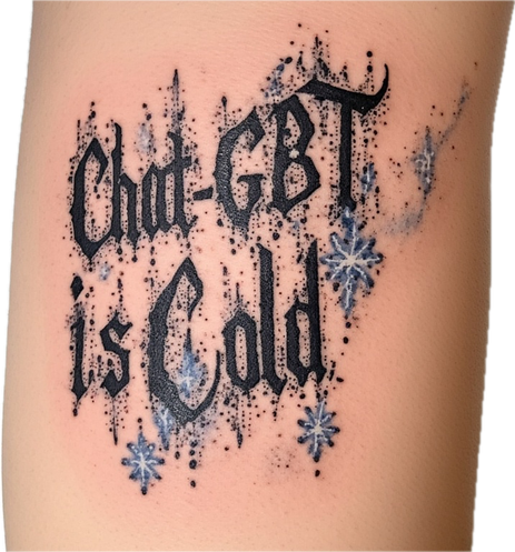 Image of a light-skinned person’s forearm with a tattoo that says “Chat-GBT is Cold”, in black in a Gothic font, with blue frost and snow flakes clinging to the letters.

Ordinarily, I’m opposed to using AI to generate images, but there’s no way I’d want to embarrass a real human with this stupid tattoo. Generated with Perchance AI.