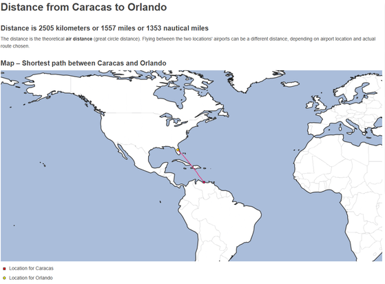 Distance from Caracas to Orlando
Distance is 2505 kilometers or 1557 miles or 1353 nautical miles
map - shortest path betweeen Caracas and Orlando
(map with red line between USA and Venezuela)