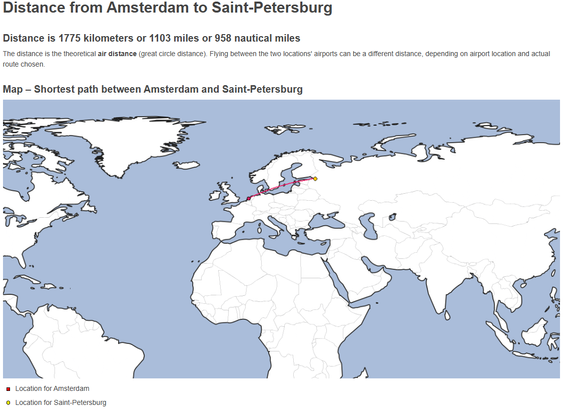 Distance from Amsterdam to Saint Petersburg
Distance is 1775 kilometers or 1103 miles or 958 nautical miles
map - shortest path betweeen Amsterdam and Saint Petersburg
(map with red line between Russia and the Netherlands)