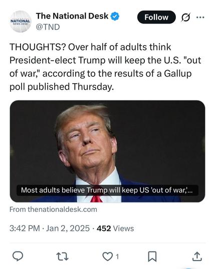 

Screenshot of Tweet on January 2, 2025 by The National Desk @TND

THOUGHTS? Over half of adults think President-elect Trump will keep the U.S. "out of war," according to the results of a Gallup poll published Thursday.

SOURCE: https://x.com/TND/status/1874934304423149624