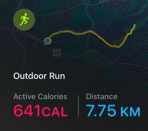 A map overlay showing a distance of 7.75 km and 641 active calories burned with my route highlighted.
