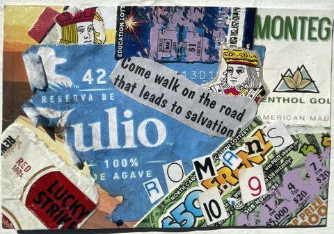 A collage of papers. Most clearly is the text come walk on the road that leads to salvation romans 10:9