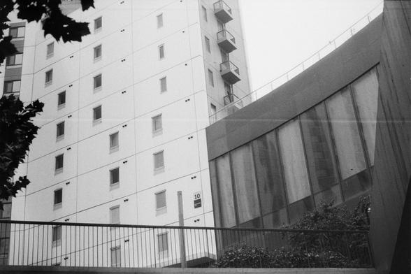 ERA 100 (FF)
English:
This black-and-white photograph captures a modern urban scene. In the foreground, there is a metal railing, and beyond it, a tall apartment building with multiple floors. The building has a minimalist design, featuring rows of small, rectangular windows. The facade is smooth and light-colored. To the right, a portion of a glass building reflects the surroundings. The scene is framed by tree branches on the left, adding a touch of nature to the urban environment.
Chinese:
这…