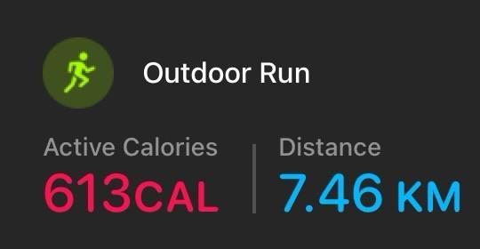 An outdoor run summary displaying 613 active calories burned and a distance of 7.46 kilometers.