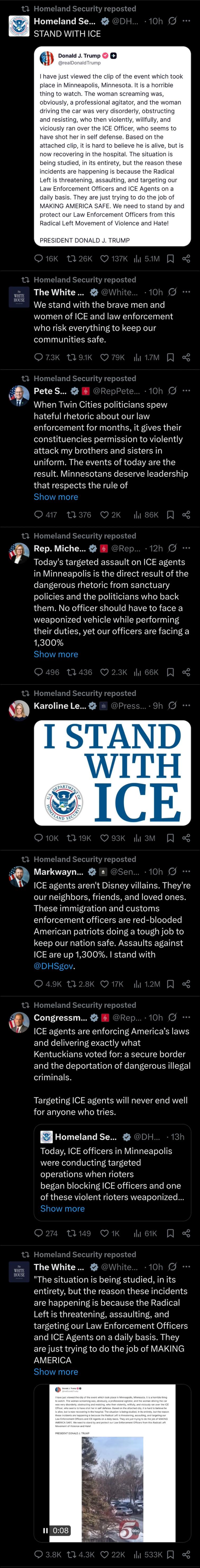 Timeline von @DHSgov auf X mit mehreren vom DHS geteilten Posts von Trump-Unterstützer*innen, die ihre unerschütterliche Unterstützung für ICE bekunden und dieser Organisation die Verantwortung für ausgeübte Gewalt absprechen.