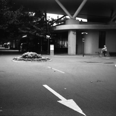 Lucky SHD 400 (6x6)

English Alt Text:
A black-and-white street scene featuring a white directional arrow painted on the asphalt, pointing straight ahead. In the center, a small circular traffic island with a flower bed adds a touch of nature. To the right, a cyclist rides past a modern building with large support columns and an overhanging structure. Trees and distant buildings line the background. The composition blends urban architecture with subtle natural elements, evoking a quiet, reflect…