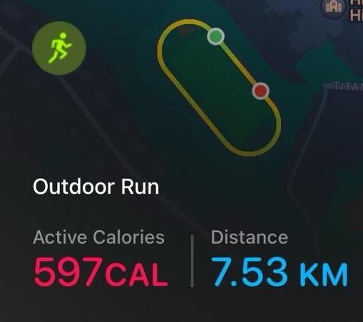 A chart of my run. It shows a track of which I did many laps. Distance 7.53 km of which I burned 597 cal. My time (not pictured) was 1:03:02, which is an average pace of 8:22/km. 