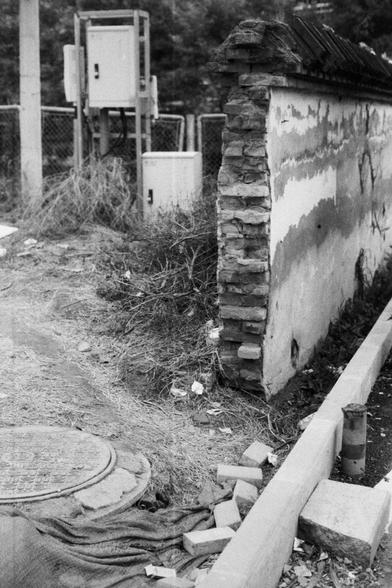 ERA 100 (FF)

English Alt Text:
A monochrome image of a deteriorating urban area. A brick wall with peeling paint stands in the background, partially damaged and surrounded by scattered bricks and debris. A concrete curb runs along the bottom edge, and a manhole cover is visible nearby. Overgrown weeds and plants emerge from cracks in the pavement. Electrical boxes mounted on metal frames and a chain-link fence suggest infrastructure. The scene evokes neglect and decay, contrasting nature’s per…