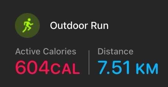 The exported statistics from my run: 604 active calories burned and a distance of 7.51 kilometers.