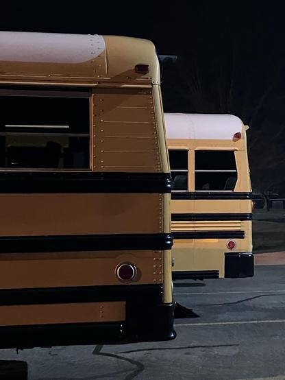 Two yellow school buses parked at night, captured from the rear.