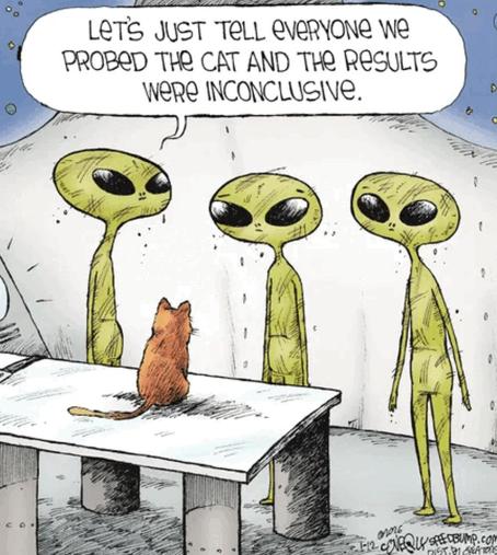 Single-panel comic. Three space aliens are standing, looking at a cat sitting on a table. The aliens are covered in scratches. One alien says, “Let’s just tell everyone we probed the cat and the results were inconclusive.