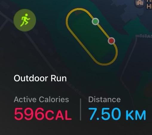 A graphic of my run, depicting many laps around a high school track. 7.5 km in 59:37 for an average pace of 7:57/km. Also shows I burned 596 active calories. 