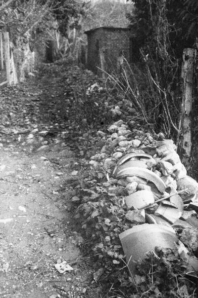 ERA 100 (FF)

English Alt Text:
A narrow, unpaved alleyway winds between overgrown vegetation and a low stone wall. The wall is topped with broken ceramic shards, possibly remnants of dishes or pots. On the right, a wooden fence post leans amid wild plants. In the distance, small brick structures peek through the foliage, suggesting an abandoned or rural setting. The black and white tone evokes nostalgia and quiet decay, capturing a moment of stillness in a forgotten place.
中文替代文字：
这是一条狭窄的未铺设小径…