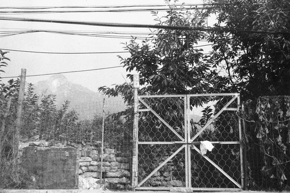 ERA 100 (FF)

English Alt Text: A monochrome image captures a metal gate with wire mesh, set within a fence made of similar material. The gate is closed and slightly weathered. Behind it, dense vegetation and trees fill the background. In the distance, a faint mountain peak is visible through a hazy sky. Several utility wires stretch horizontally across the top of the image. A piece of cloth or paper is caught on the gate. The scene evokes a sense of enclosure and quiet isolation in a rural lan…