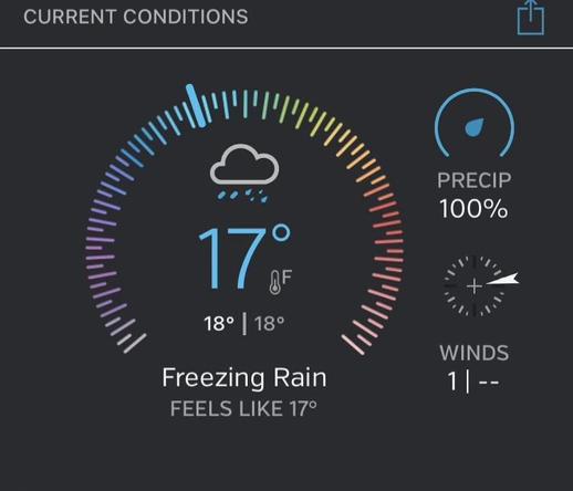 A display of current weather conditions: a temperature reading of 17°F, freezing rain, 100% precipitation, and almost no wind.