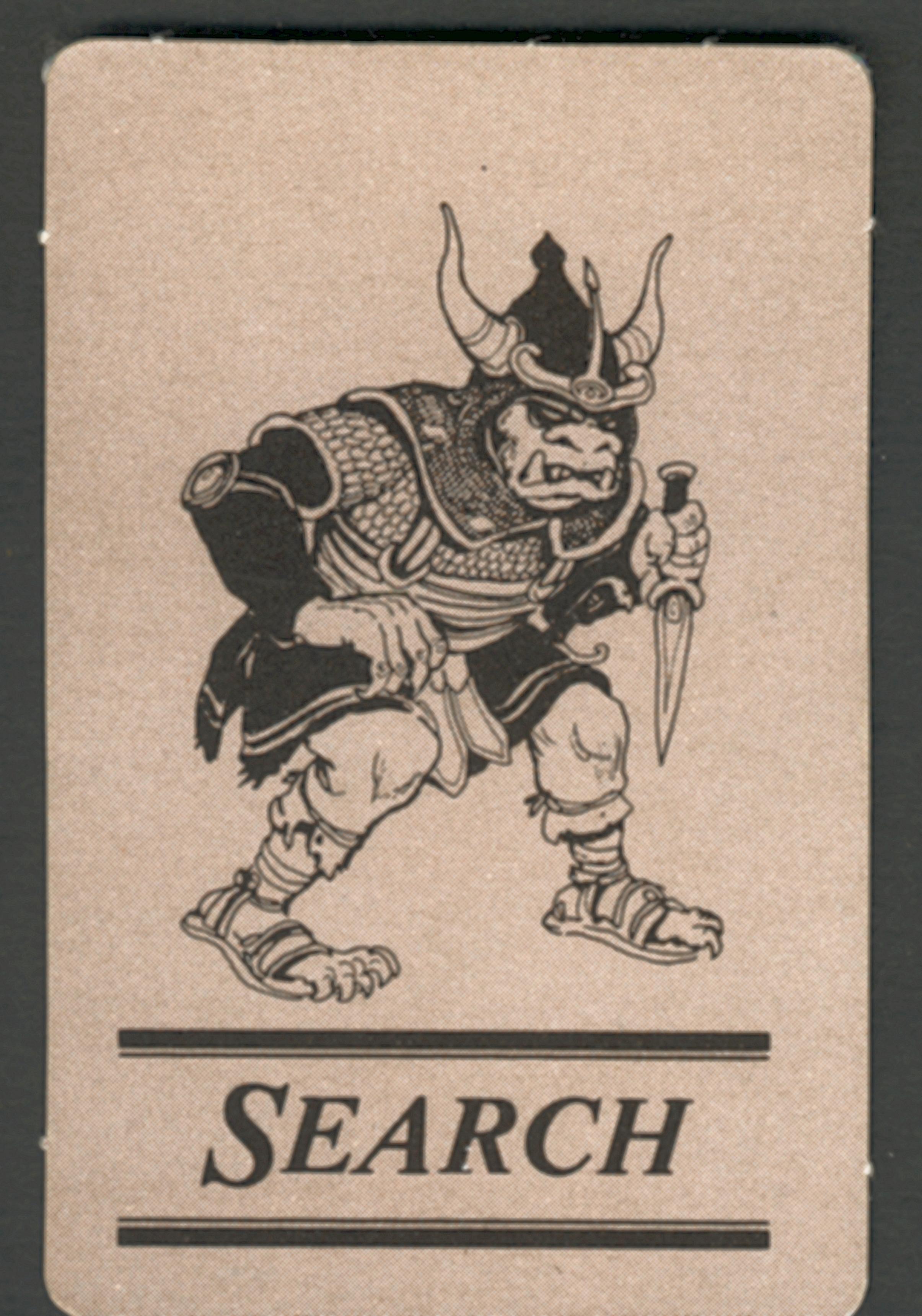 "SEARCH" card from SPI's War of the Ring boardgame. Black and off-white image of an armoured goblin with a very short, double-edged sword and wearing an ugly grimace