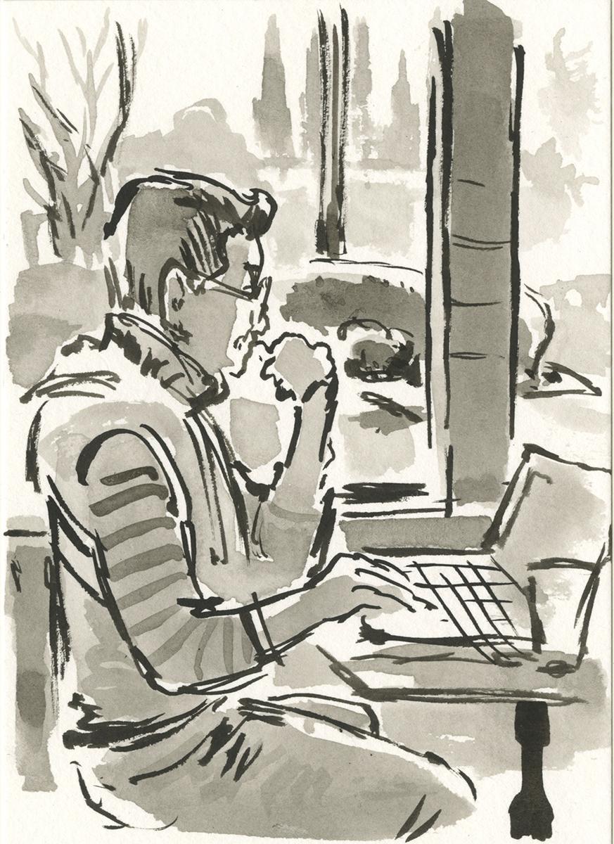 Sketch of a man at a laptop on coffee table looking thoughtful at it, in front of a window with some foliage. All in messy ink drawing style