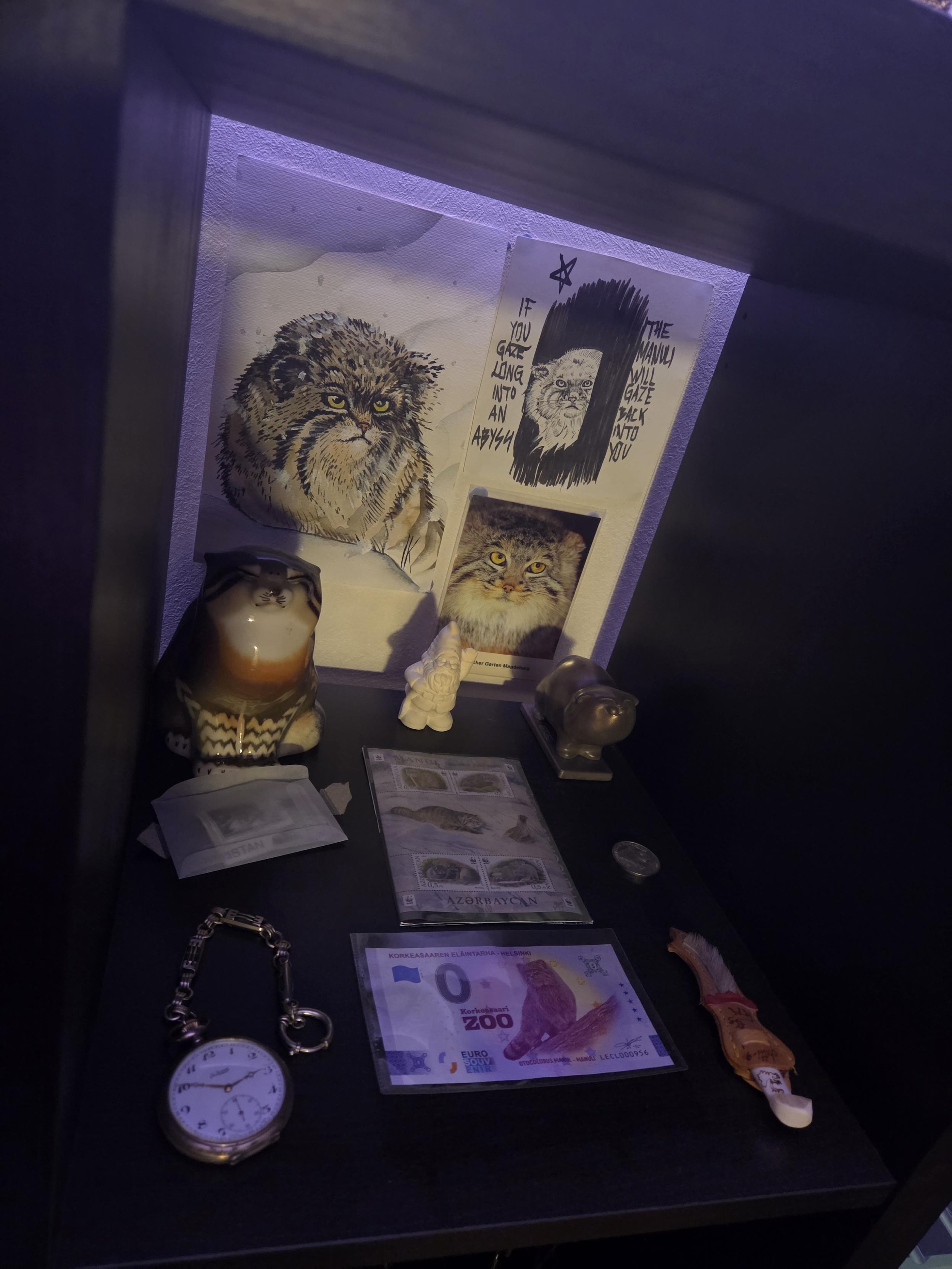 Alttari IKEA:n Kallax-tornissa, jossa on kaikkea manuliaiheista, kuten juhlarahoja, postimerkkejä, figuureja ja kuvia