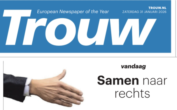 Voorpagina trouw met uitgestoken hand naar rechts en de tekst ‘samen naar rechts’