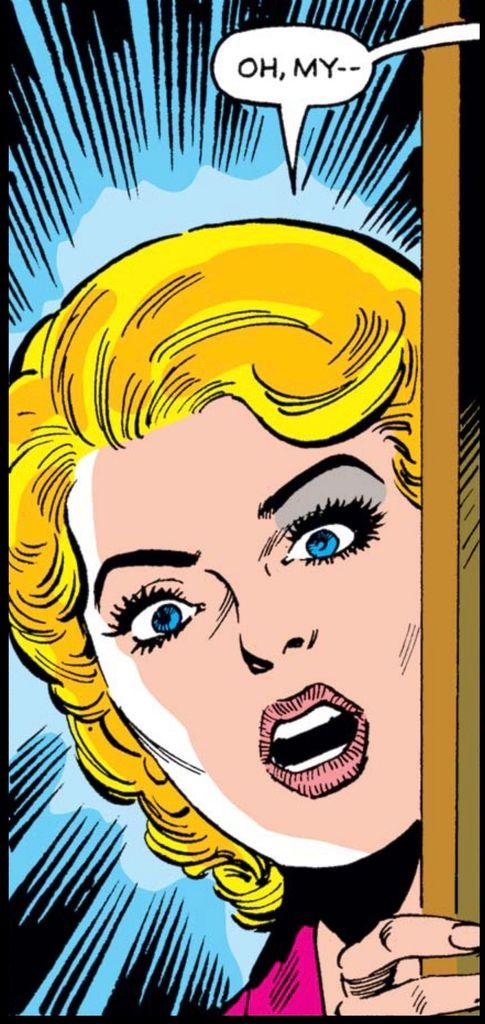 Allison Blaire peers her head through a door that she’s open and is shocked by what she sees. “Oh, my – –,” she reacts.