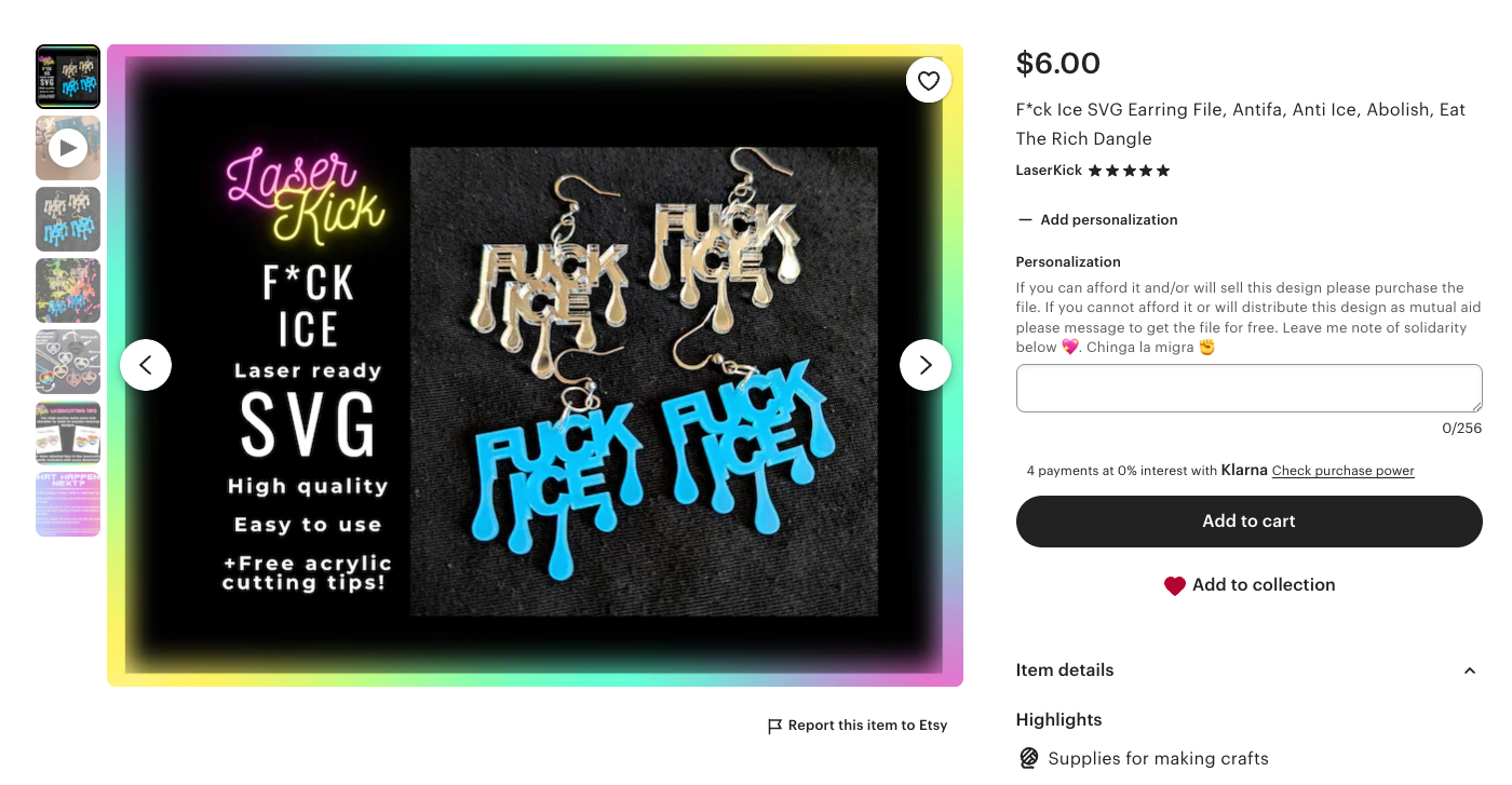 A screenshot of an Etsy listing for a digital file for lasercut earrings. The earrings say "FUCK ICE" with aesthetic drips at the bottom.