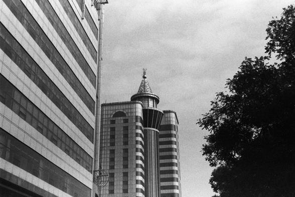 NEOPAN SS 100 (FF)

Image 4 – English Alt Text
A black‑and‑white photograph of tall modern buildings. The central structure is a high‑rise with a cylindrical core, symmetrical wings, and a pointed metallic spire topped with a crescent‑moon symbol. To the left stands another building with horizontal lines. On the right, a large leafy tree fills part of the frame. The sky is overcast, giving the scene a dramatic tone.
Image 4 – 中文替代文字
黑白建筑照片。中央是一栋现代高楼，主体呈圆柱形，两侧对称延伸，顶部有金属尖塔并带新月标志。左侧是另一栋横向线条明显的建筑。右…