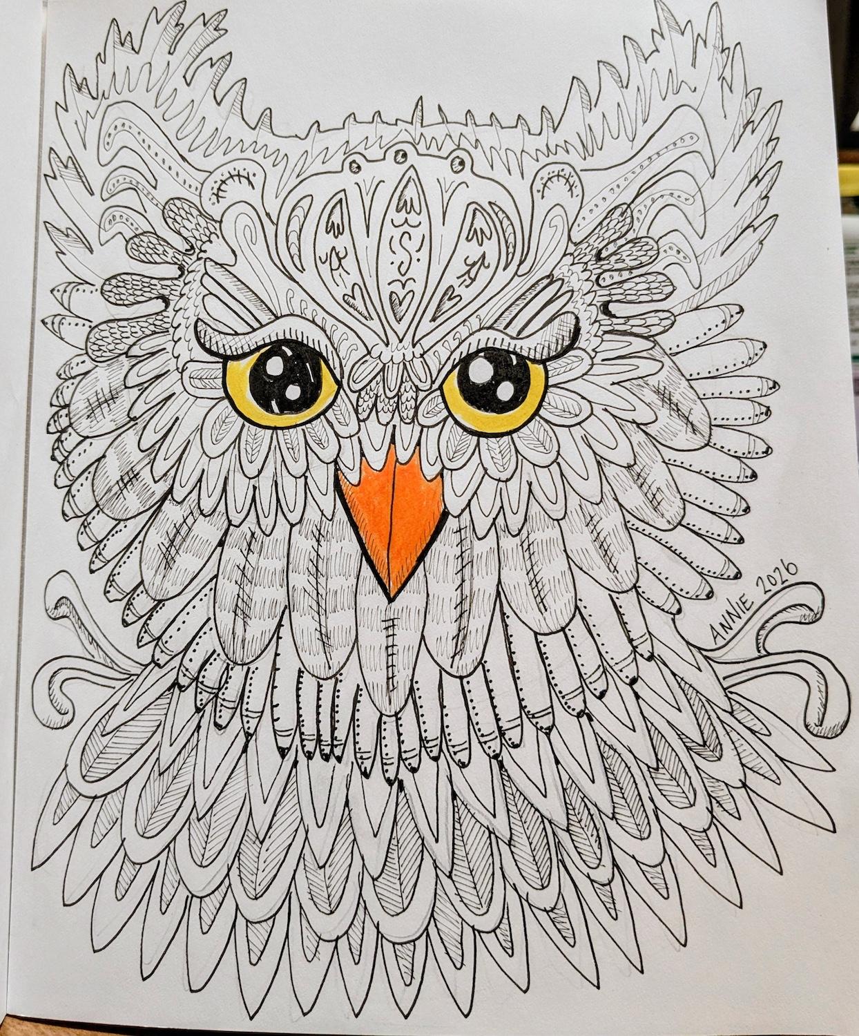 A pen and ink drawing of a highly stylized cartoon owl. The owl has a bright orange beak and yellow eyes with black pupils. The rest of the drawing is black and white on a white background. Feathers are drawn in several styles and include scroll like designs and curlicues. Owl is just neck up looking straight ahead.