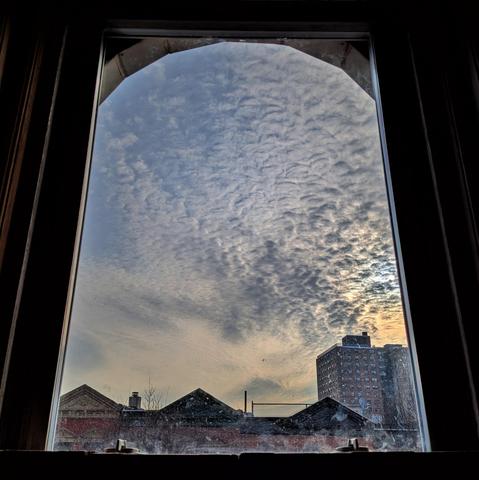 Looking through an arched window two hours after sunrise the sky fades from orange at the horizon to light blue up above. Most of the sky is full of finely textured clouds that look almost like flocks of birds. Pointed roofs of Harlem brownstones are silhouetted across the street, and a taller apartment building can be seen in the distance. The window is grimy on the bottom.