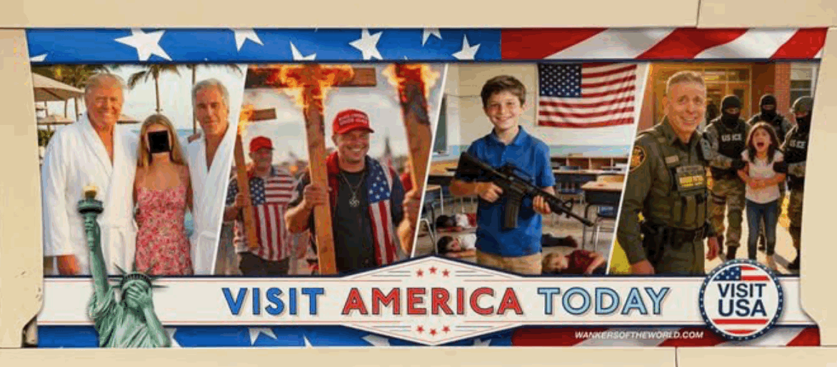 Montage of four contemporary American images: Trump and Epstein wearing white bathrobes, with their arms around a young woman whose face is redacted; a couple young men wearing MAGA hats carrying burning crosses; a young boy holding an automatic weapon in front of an American flag; DHS goon Bovino smiling with three masked ICE goons holding a crying young girl.