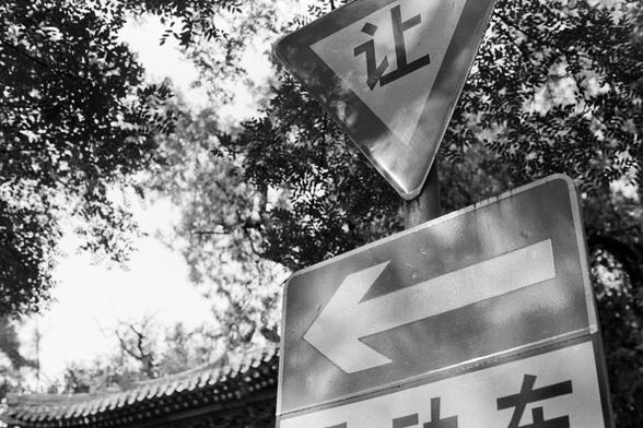 Rollei RPX 400 (FF)

English Alt Text:
A black-and-white outdoor photograph captures two traffic signs against a backdrop of tree branches and leaves. The upper triangular sign bears the Chinese character “让,” meaning “yield” or “give way.” Below it, a rectangular sign displays a large left-pointing arrow with partially visible text including “左,” meaning “left.” Behind the signs, a traditional Chinese tiled roof is visible, blending modern urban infrastructure with cultural architecture. The c…