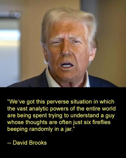 Meme. Slack-jawed image of Trump’s face.
“We’ve got this perverse situation in which the vast analytic powers of the entire world are being spent trying to understand a guy whose thoughts are often just six fireflies beeping randomly in a jar.” — David Brooks