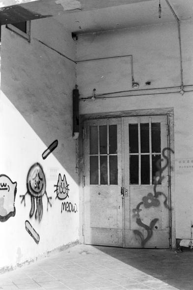 Rollei RPX 400 (FF)
English Alt Text:
A black-and-white photo of old double doors with cracked paint and worn glass panes. Graffiti decorates the surrounding walls: a jellyfish-like figure, a cat face with “meow” written beneath, and abstract shapes. One door features a floral vine design. Electrical wires run across the upper wall, and a small sign with Chinese characters is partly visible. Sunlight casts shadows across the tiled floor, highlighting the contrast between playful graffiti and th…