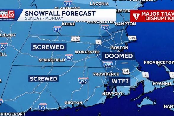 Weather forecast map of New England showing where large amounts of snow are predicted. Western areas are screwed, metro Boston is doomed, South Shore is WTF?