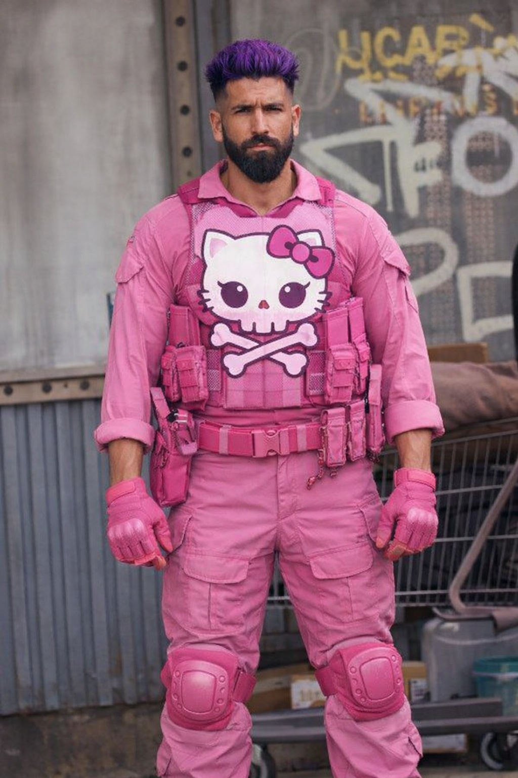 Castle stands facing the camera in an industrial setting with graffiti and metal walls behind him. He wears a bright pink tactical outfit, including cargo pants, gloves, knee pads, and a tactical vest. On the front of the vest is a large, cute, cartoon-style cat skull with a bow and crossbones, resembling Hello Kitty-themed merchandise. His hair is short and dyed purple, and he has a dark beard. He stands with a serious expression, arms relaxed at his sides, looking straight ahead.