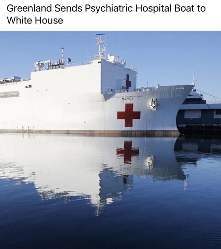 Photo of large hospital boat, U.S.S. Mercy.
Caption: Greenland sends psychiatric hospital boat to White House.