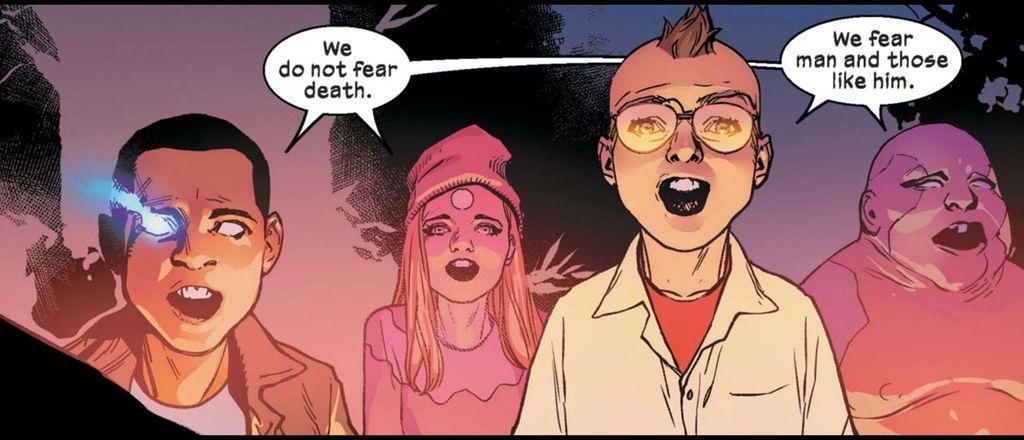 Four teenage mutants apparently under some sort of spell, stand side-by-side-by-side-by-side and say to someone off panel in unison, “We do not fear our death. We fear man and those like him.”