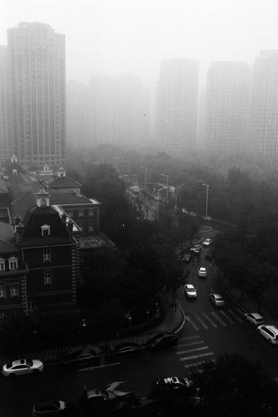ERA 100 (FF)

English Alt Text:
A cityscape in black and white, viewed from above. In the foreground, mid-rise buildings with gabled roofs and dormer windows line a street. Cars are parked and moving along the road, which includes a pedestrian crosswalk. Trees dot the area, adding greenery. In the background, tall high-rise buildings loom but are obscured by heavy fog or smog, creating a hazy atmosphere. The image contrasts traditional architecture with modern density under environmental strain…